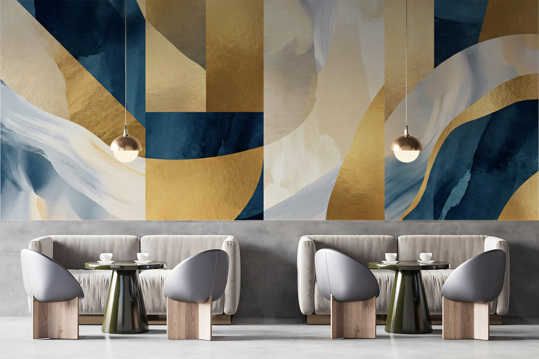 Navy and Gold Abstract Wallpaper, Modern Geometric Wall Mural, Luxury Blue Brushstroke Decor for cafe shop