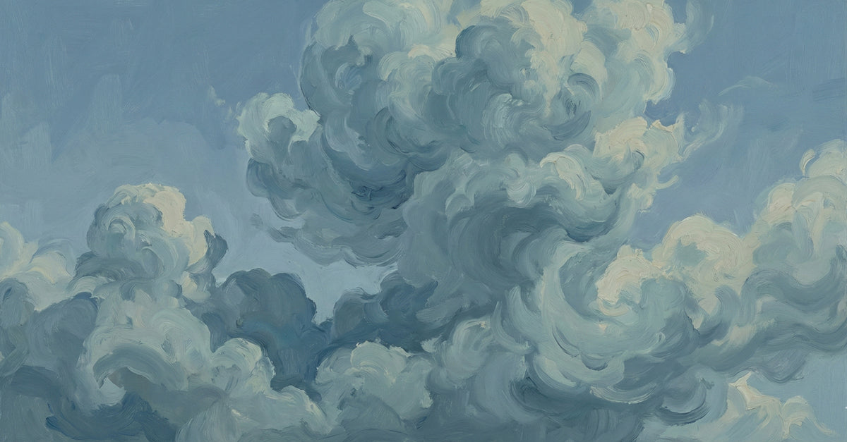 Dreamy Blue Clouds Wallpaper, Impasto Oil Painting Sky Mural, Ethereal Nature Art for living room Decor