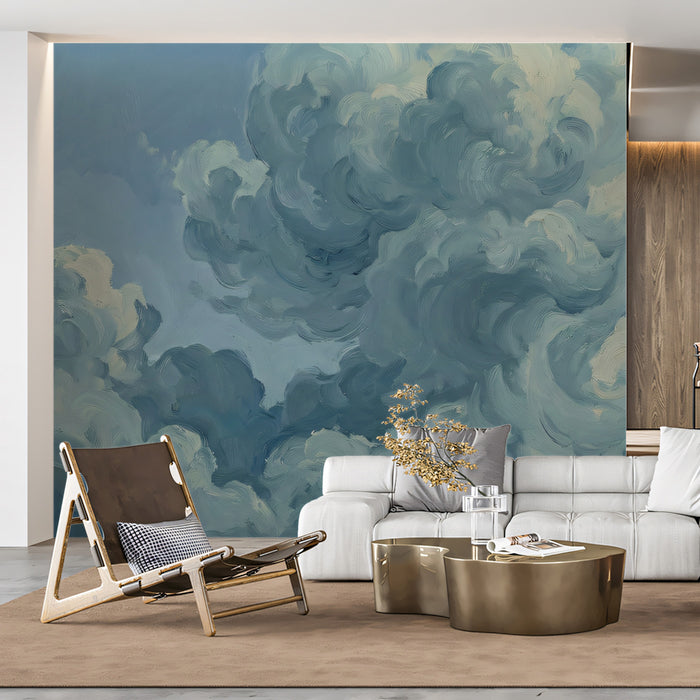Dreamy Blue Clouds Wallpaper, Impasto Oil Painting Sky Mural, Ethereal Nature Art for living room Decor