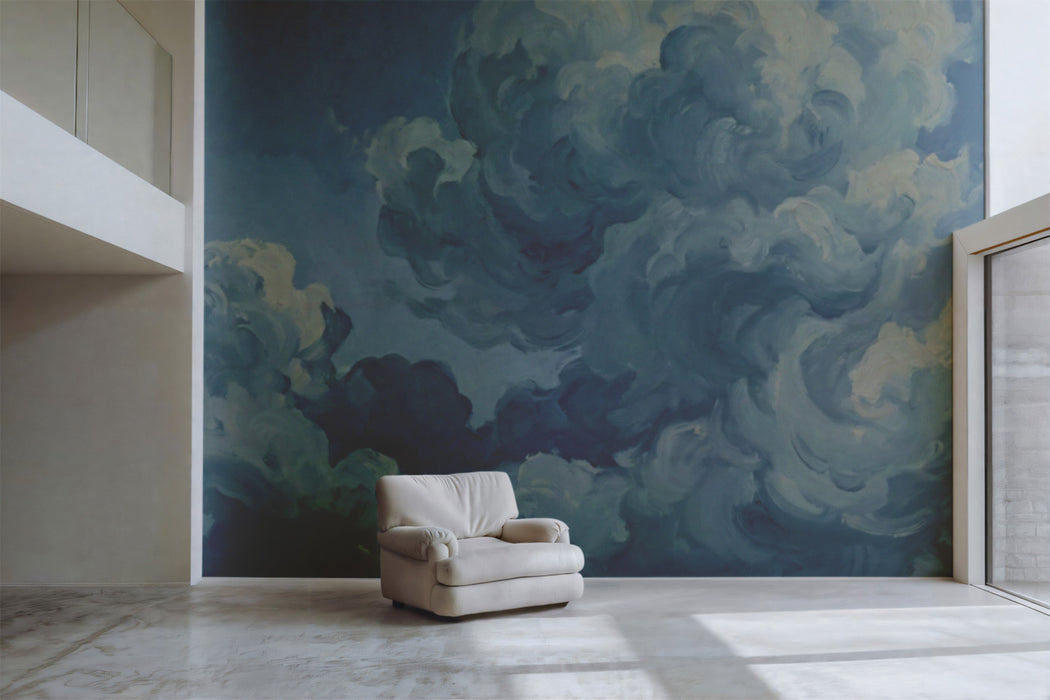 Dreamy Blue Clouds Wallpaper, Impasto Oil Painting Sky Mural, Ethereal Nature Art for living room Decor