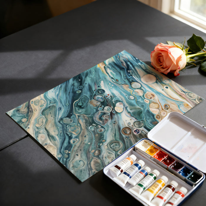 Oceanic Fluid Art Wallpaper, Marble Pour Painting Wall Mural, Blue and Sand Abstract Texture Decor