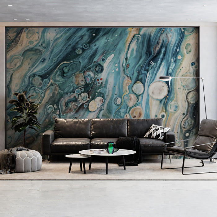 Oceanic Fluid Art Wallpaper, Marble Pour Painting Wall Mural, Blue and Sand Abstract Texture Decor
