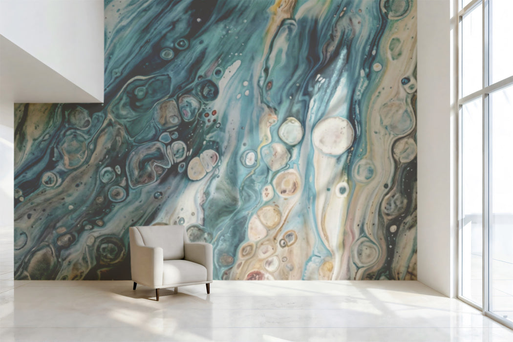 Oceanic Fluid Art Wallpaper, Marble Pour Painting Wall Mural, Blue and Sand Abstract Texture Decor