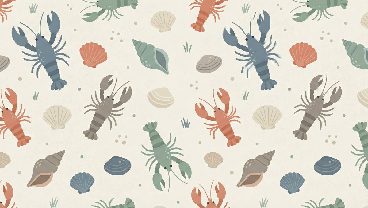 Nautical Lobster and Shell Wallpaper, Coastal Sea Creature Pattern Mural, Beach House Kitchen Decor for Dining room