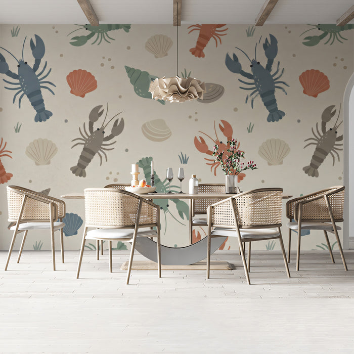 Nautical Lobster and Shell Wallpaper, Coastal Sea Creature Pattern Mural, Beach House Kitchen Decor for Dining room