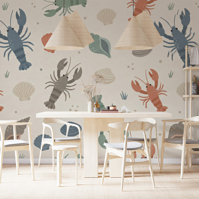 Nautical Lobster and Shell Wallpaper, Coastal Sea Creature Pattern Mural, Beach House Kitchen Decor for Dining room