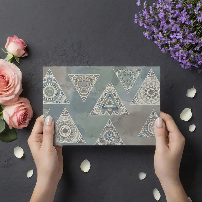 Folk-inspired triangle mural in a cozy reading nook with a plush armchair and minimalist decor.