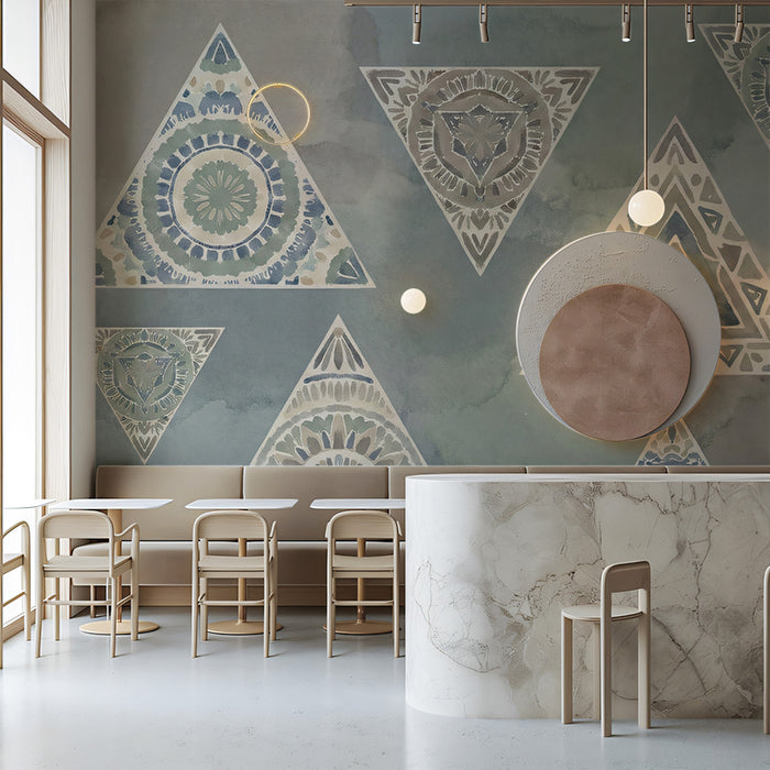 Watercolor geometric wall art in a serene home office space with wooden desk and natural sunlight.