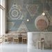 Watercolor geometric wall art in a serene home office space with wooden desk and natural sunlight.