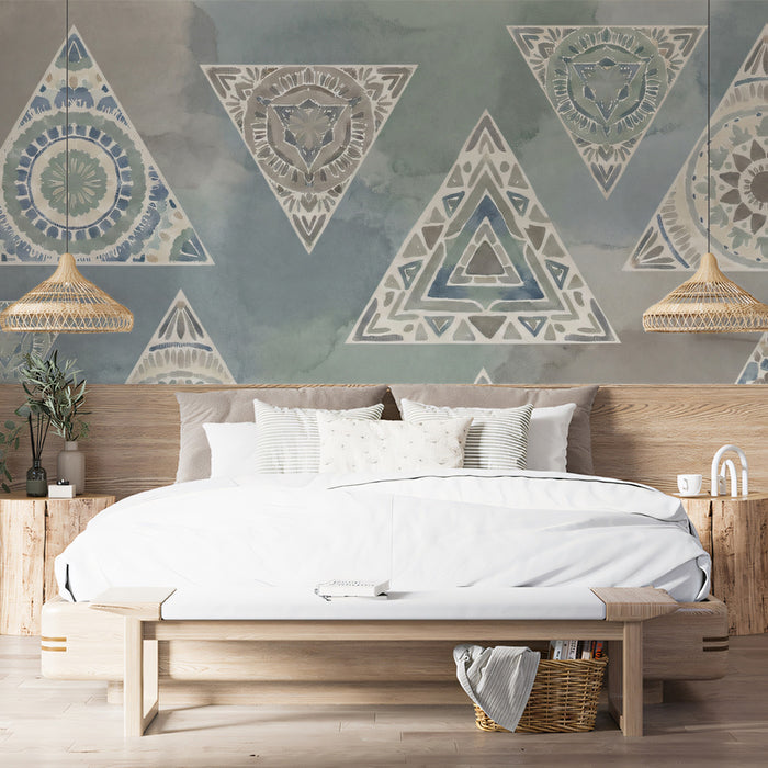 Bohemian mandala triangle mural installed on a bedroom feature wall behind a upholstered bed frame.
