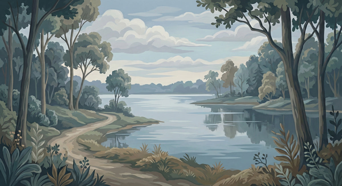 Serene Lakeside Vista Wallpaper, Calm Water Reflections Wall Mural, Misty Nature Landscape for Meeting room