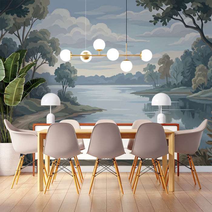Serene Lakeside Vista Wallpaper, Calm Water Reflections Wall Mural, Misty Nature Landscape for Meeting room