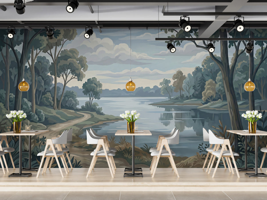 Serene Lakeside Vista Wallpaper, Calm Water Reflections Wall Mural, Misty Nature Landscape for Meeting room