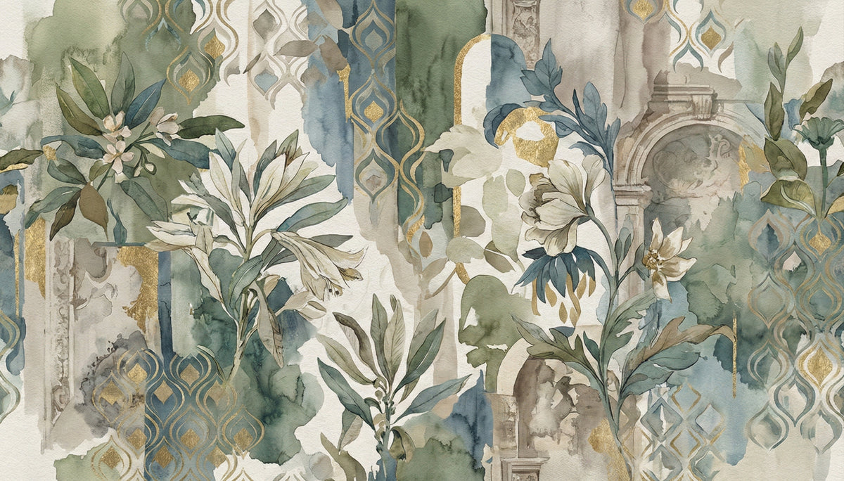 Botanical Archway Abstract Wallpaper, Watercolor Florals with Gold Wall Mural, Art Deco Romantic Decor