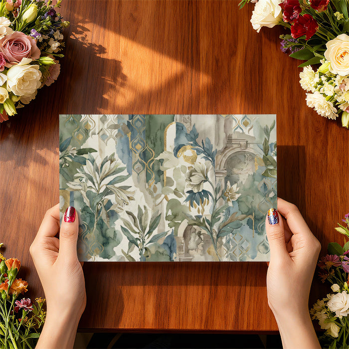 Botanical Archway Abstract Wallpaper, Watercolor Florals with Gold Wall Mural, Art Deco Romantic Decor