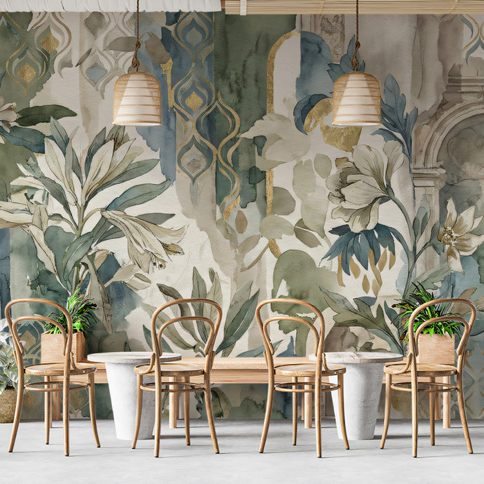 Botanical Archway Abstract Wallpaper, Watercolor Florals with Gold Wall Mural, Art Deco Romantic Decor