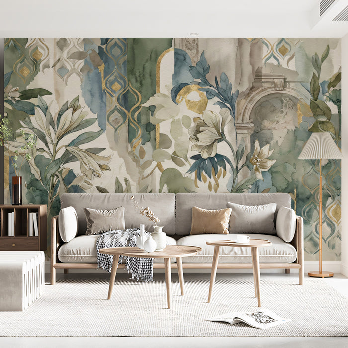 Botanical Archway Abstract Wallpaper, Watercolor Florals with Gold Wall Mural, Art Deco Romantic Decor
