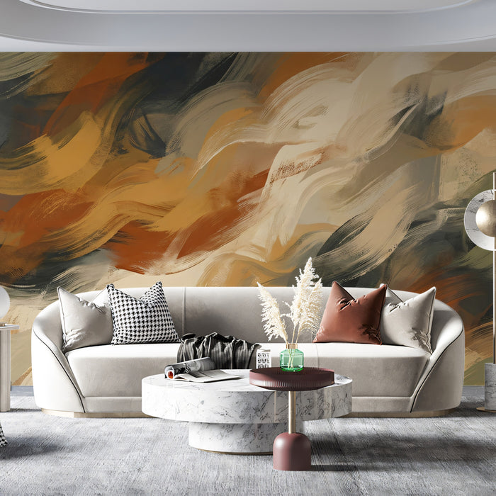 Dynamic Earth Tone Brushstroke Wallpaper, Organic Motion Abstract Wall Mural, Contemporary Artisan Decor