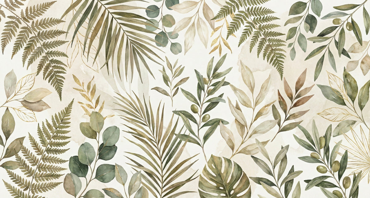 Mixed Botanical Leaf Wallpaper, Olive and Eucalyptus Wall Mural, Modern Boho Nature Decor for Cafe