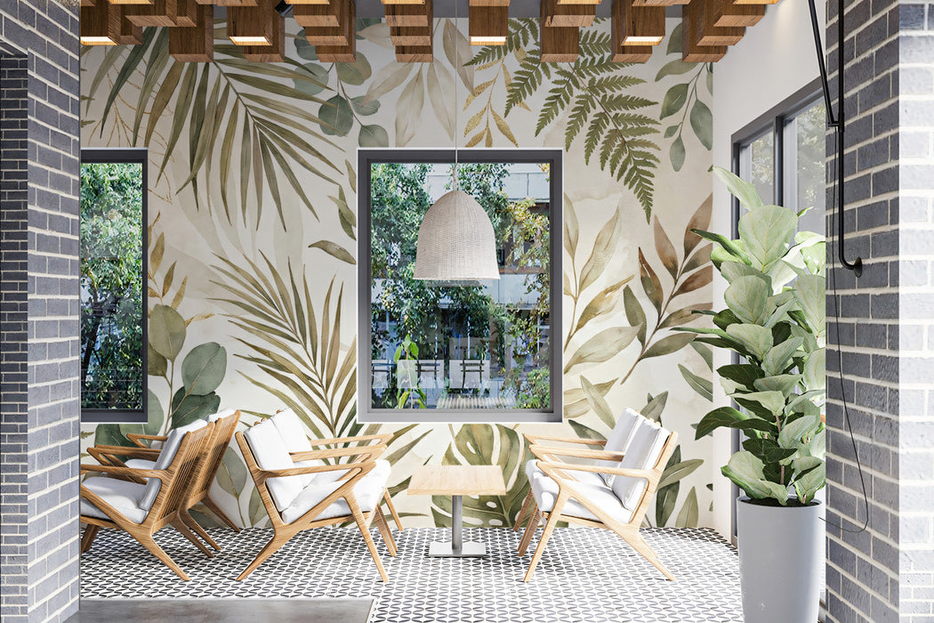 Mixed Botanical Leaf Wallpaper, Olive and Eucalyptus Wall Mural, Modern Boho Nature Decor for Cafe