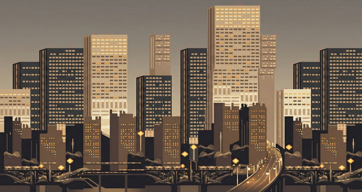 Modern City Skyline Wallpaper, Industrial Urban Panorama Wall Mural, Evening Skyscraper Decor for Cafe