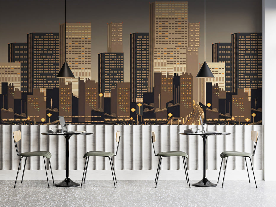 Modern City Skyline Wallpaper, Industrial Urban Panorama Wall Mural, Evening Skyscraper Decor for Cafe