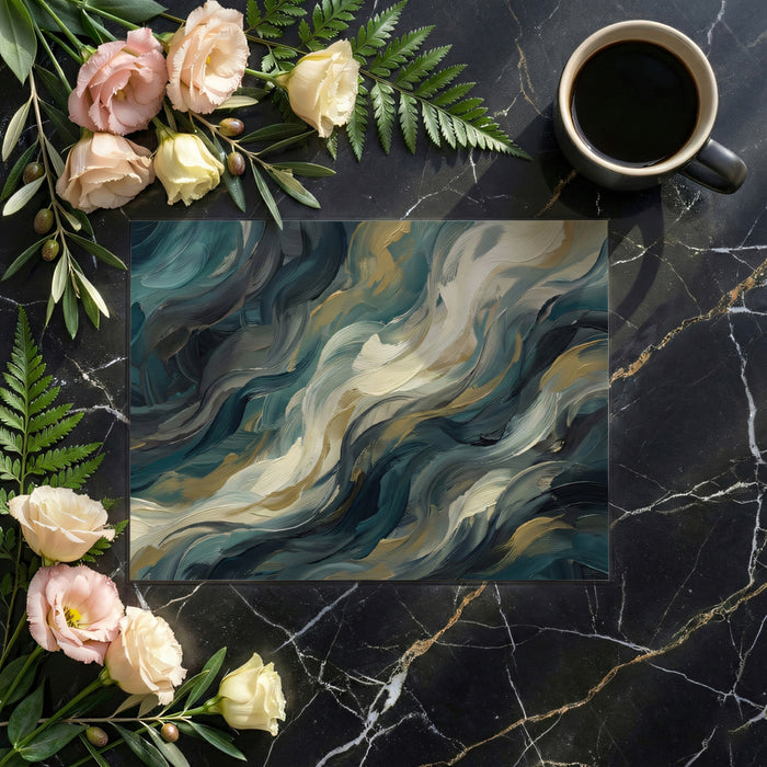 Stormy Teal Abstract Wallpaper, Impasto Cloud Motion Wall Mural, Dramatic Dark Teal Decor for a Commercial Space