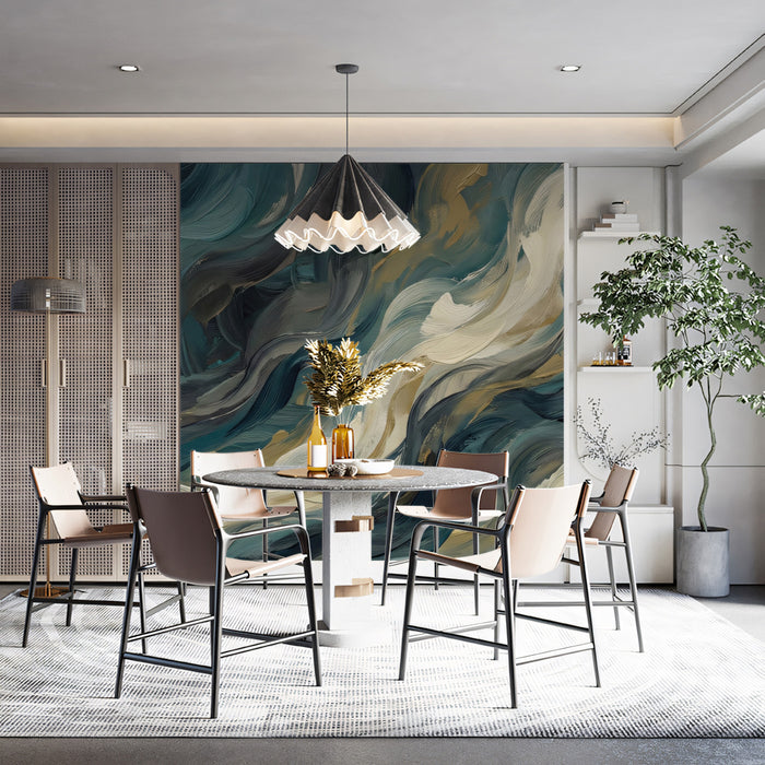 Stormy Teal Abstract Wallpaper, Impasto Cloud Motion Wall Mural, Dramatic Dark Teal Decor for a Commercial Space