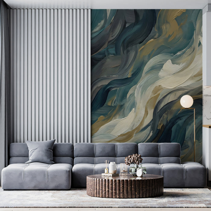 Stormy Teal Abstract Wallpaper, Impasto Cloud Motion Wall Mural, Dramatic Dark Teal Decor for a Commercial Space