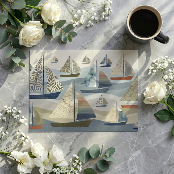 Patterned Sailboat Coastal Wallpaper, Modern Geometric Sea Wall Mural, Muted Nautical Decor for Beach House