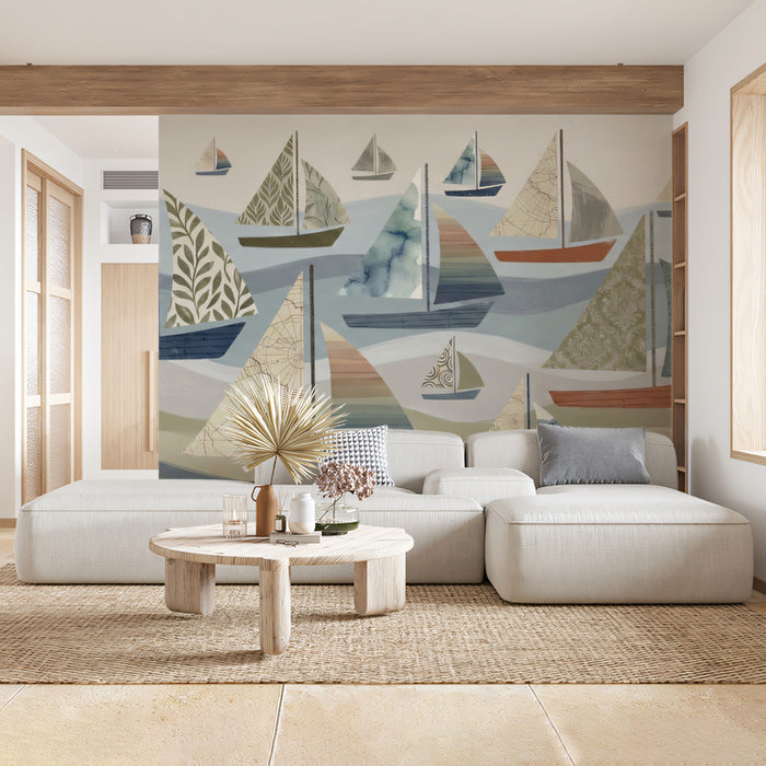 Patterned Sailboat Coastal Wallpaper, Modern Geometric Sea Wall Mural, Muted Nautical Decor for Beach House