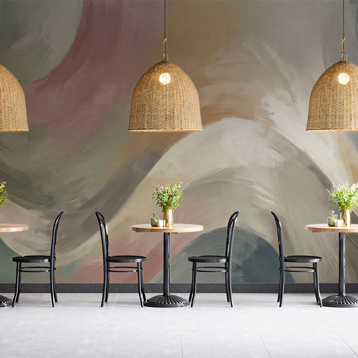 Zen Abstract Wave Wallpaper, Muted Brushstroke Wall Mural, Calm Sage and Rose Decor for Exhibition Space