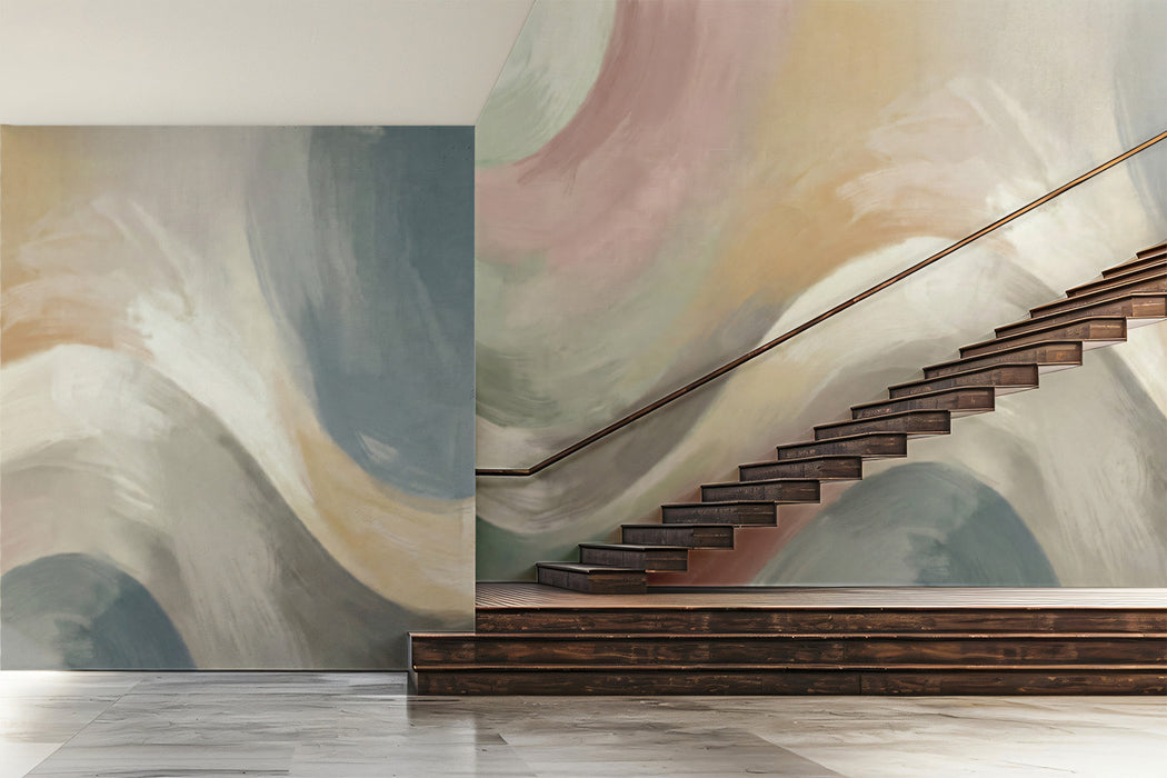 Zen Abstract Wave Wallpaper, Muted Brushstroke Wall Mural, Calm Sage and Rose Decor for Exhibition Space