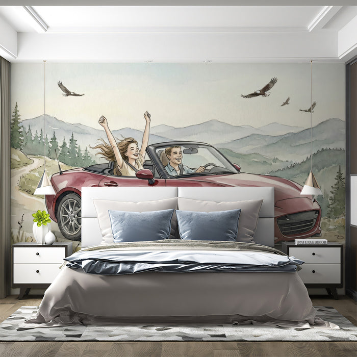 A bright living room space with a scenic convertible driving mural as a feature wall behind a beige sofa.