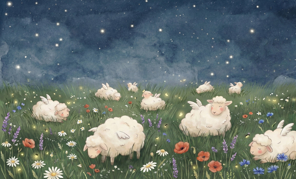 Magical Winged Sheep Wallpaper, Starry Night Meadow Wall Mural, Dreamy Whimsical Nursery Decor
