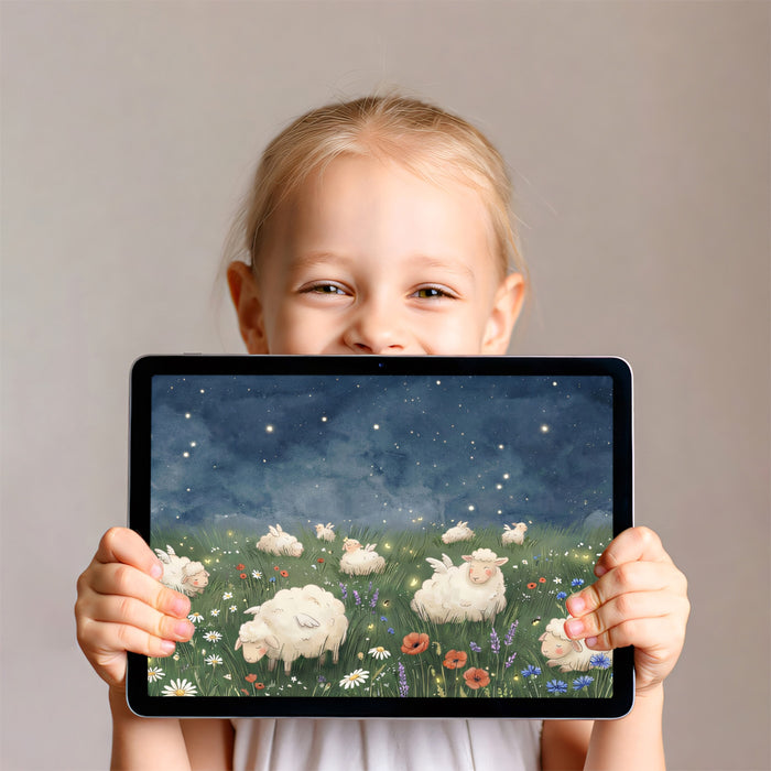 Magical Winged Sheep Wallpaper, Starry Night Meadow Wall Mural, Dreamy Whimsical Nursery Decor