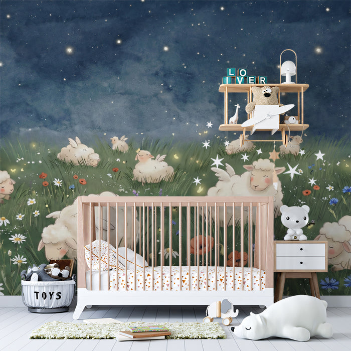 Magical Winged Sheep Wallpaper, Starry Night Meadow Wall Mural, Dreamy Whimsical Nursery Decor