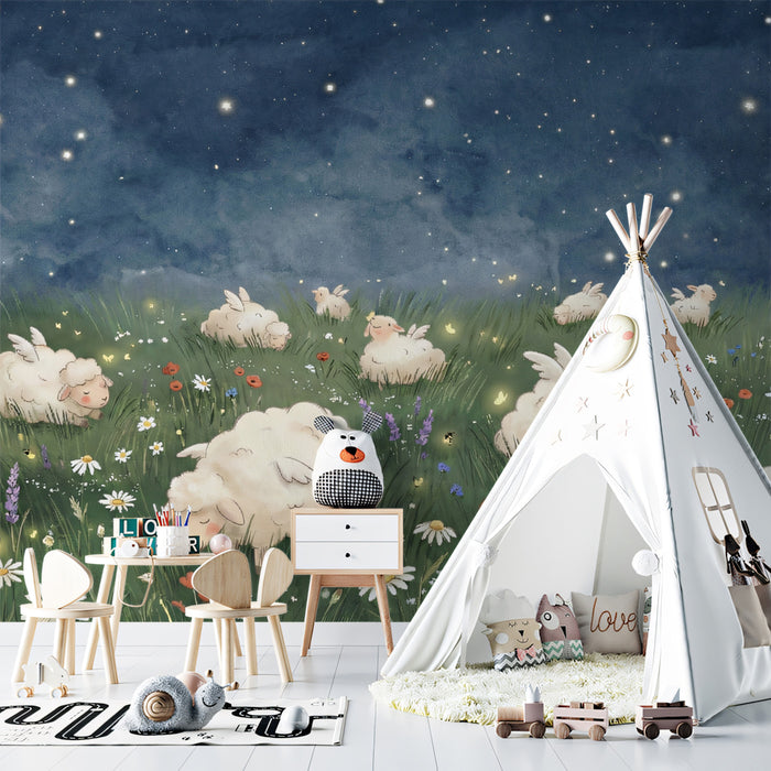 Magical Winged Sheep Wallpaper, Starry Night Meadow Wall Mural, Dreamy Whimsical Nursery Decor
