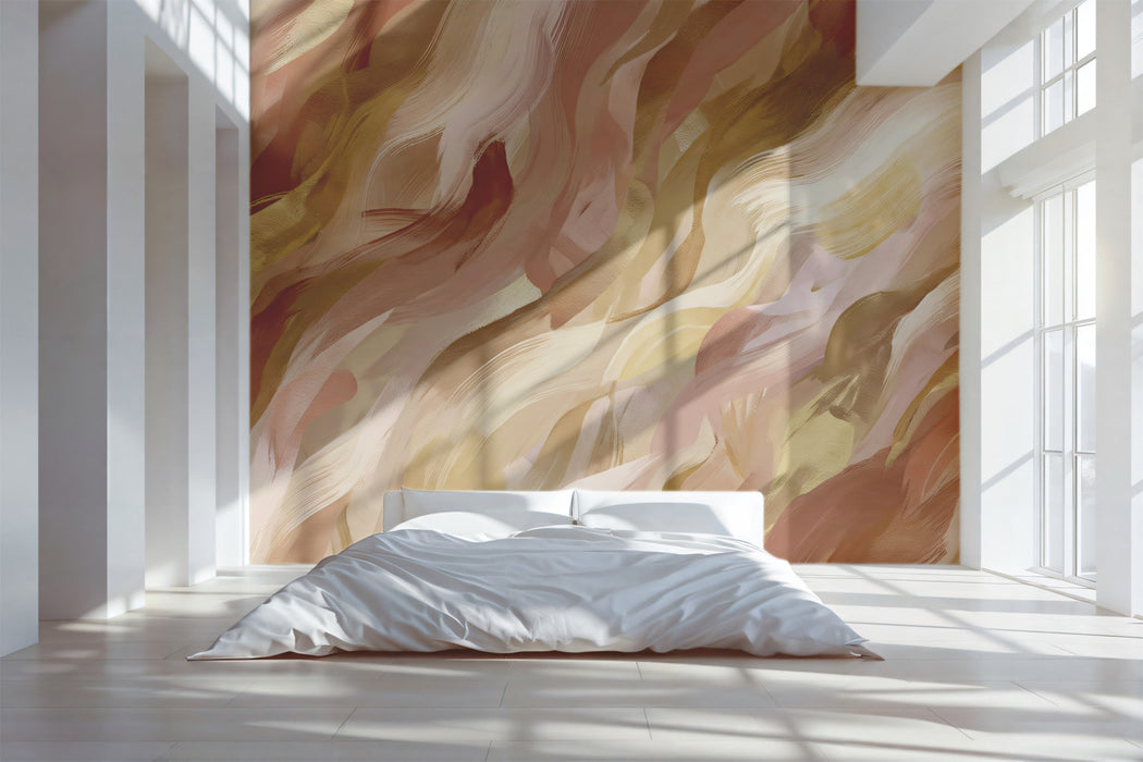 Golden Sand Motion Abstract Wallpaper, Fluid Warm Earth Wall Mural, Elegant Swirl Texture for Bedroom