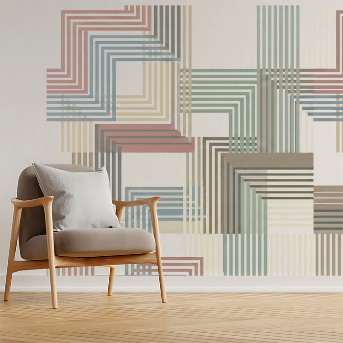 Mid-Century Linear Geometric Wallpaper, Bauhaus Architectural Wall Mural, Muted Retro Palette Decor for Office