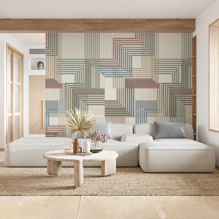 Mid-Century Linear Geometric Wallpaper, Bauhaus Architectural Wall Mural, Muted Retro Palette Decor for Office