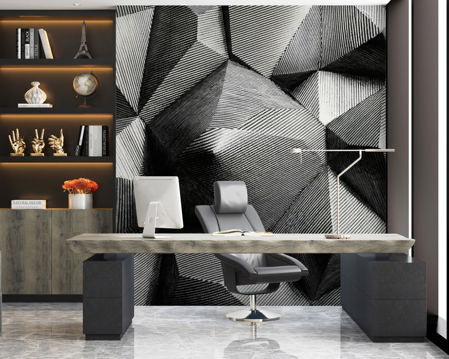3D Geometric Diamond Wallpaper, Monochrome Architectural Wall Mural, Optical Illusion Texture Decor