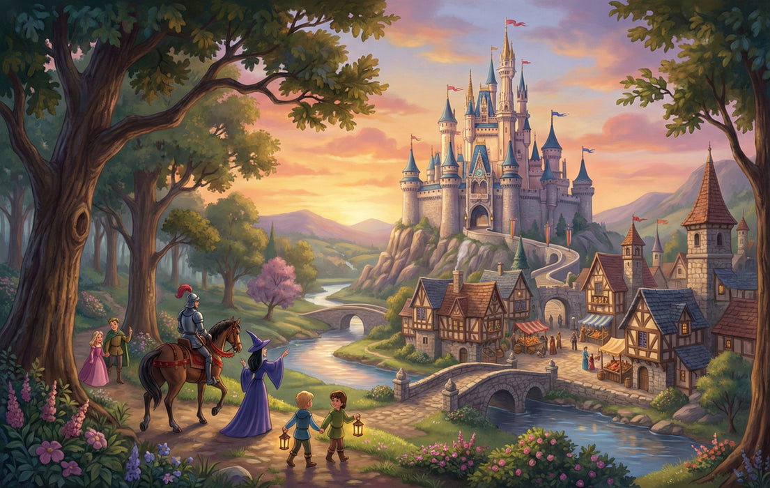Fairytale Adventure Wallpaper, Magical Kingdom and Castle Wall Mural, Storybook Fantasy Decor for Kids Room