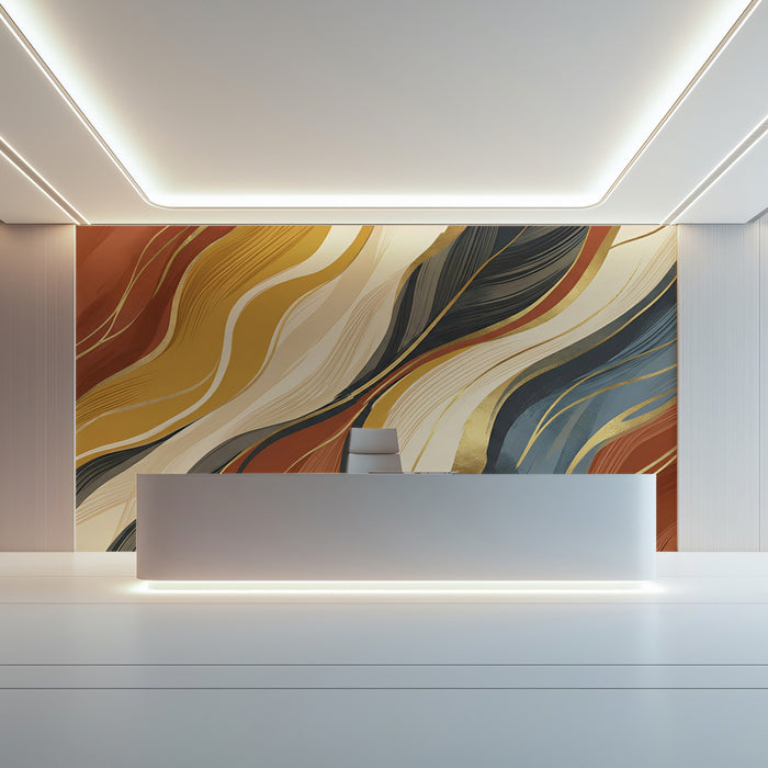 Earthy Fluid Abstract Wallpaper, Marble Wave with Gold Wall Mural, Modern Luxury Wabi-Sabi Decor