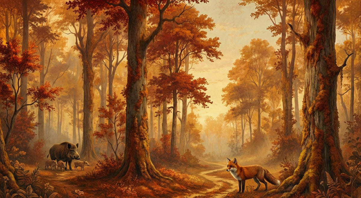 Golden Autumn Forest Wallpaper, Wildlife Fox and Boar Wall Mural, Warm Harvest Nature Decor