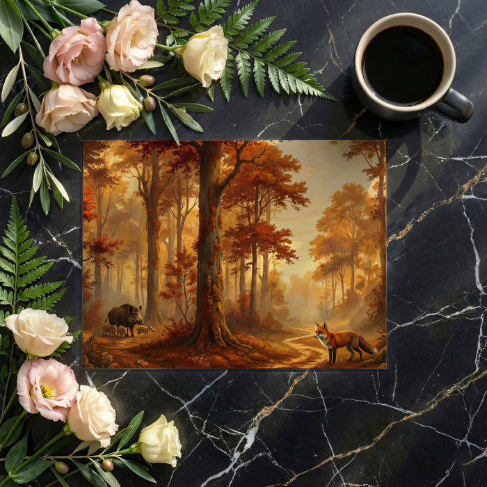 Golden Autumn Forest Wallpaper, Wildlife Fox and Boar Wall Mural, Warm Harvest Nature Decor