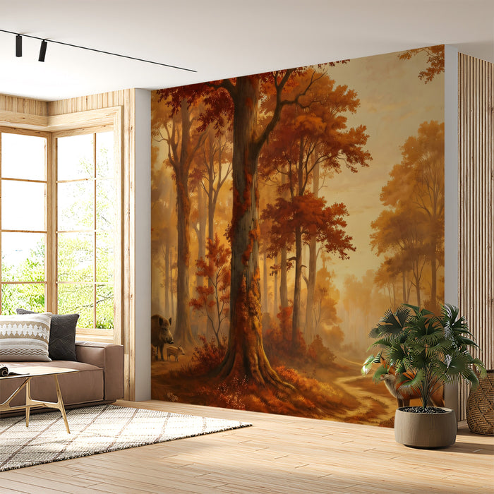 Golden Autumn Forest Wallpaper, Wildlife Fox and Boar Wall Mural, Warm Harvest Nature Decor