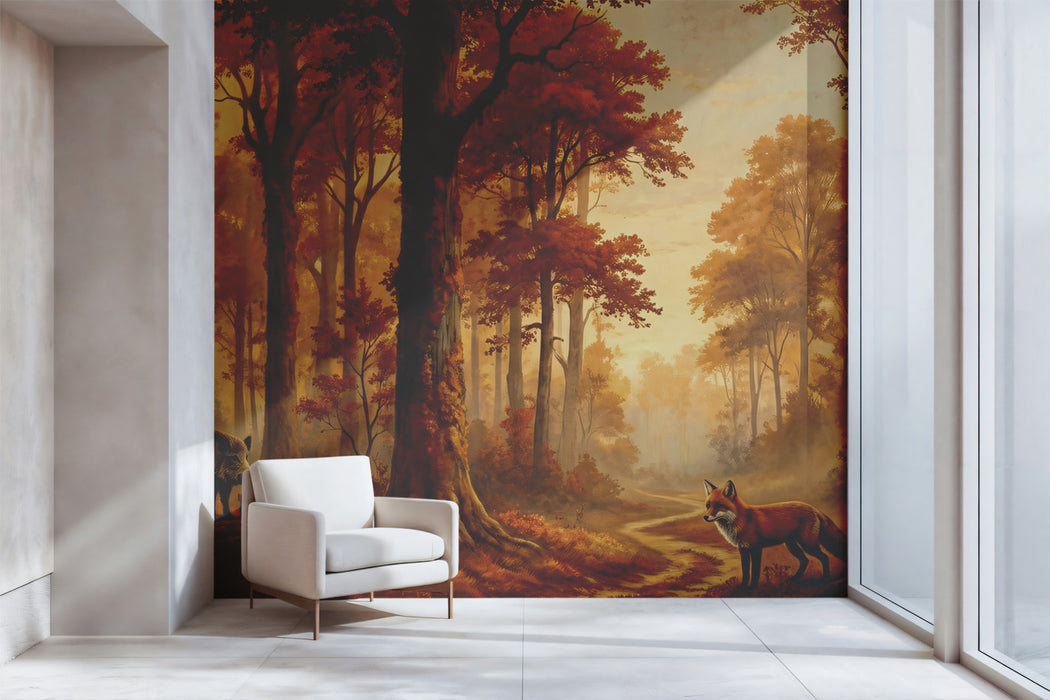 Golden Autumn Forest Wallpaper, Wildlife Fox and Boar Wall Mural, Warm Harvest Nature Decor