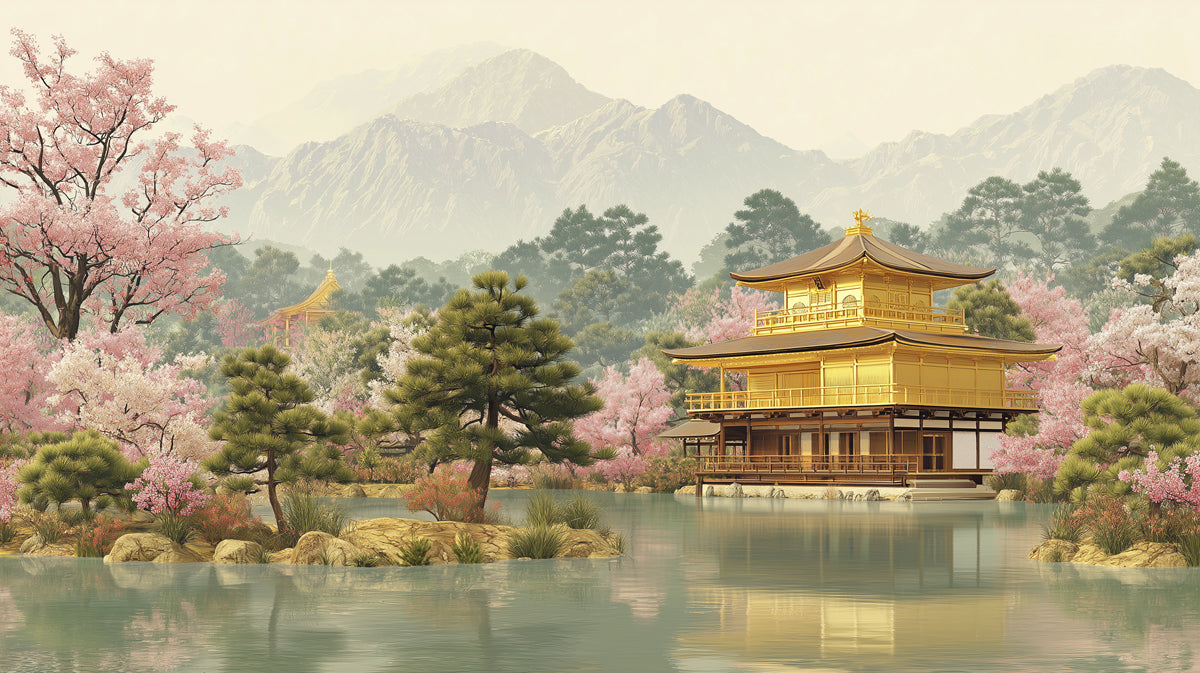Zen Japanese Temple Wallpaper, Kyoto Golden Pavilion Wall Mural, Spring Sakura Landscape Decor