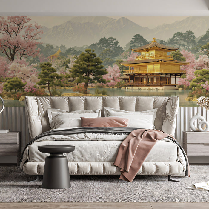 Zen Japanese Temple Wallpaper, Kyoto Golden Pavilion Wall Mural, Spring Sakura Landscape Decor
